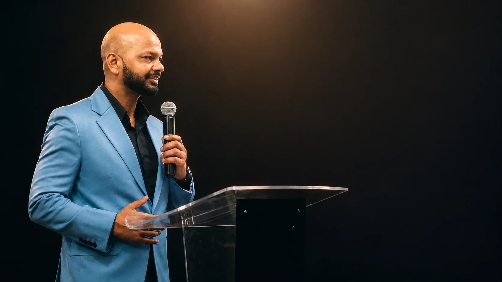 Pastor Vikas preaching with a microphone in hand