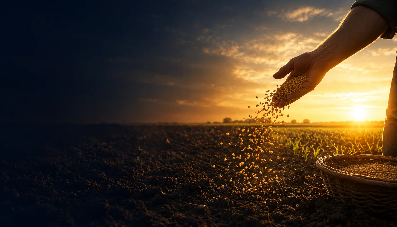A hand scattering seed across an open field at sunset