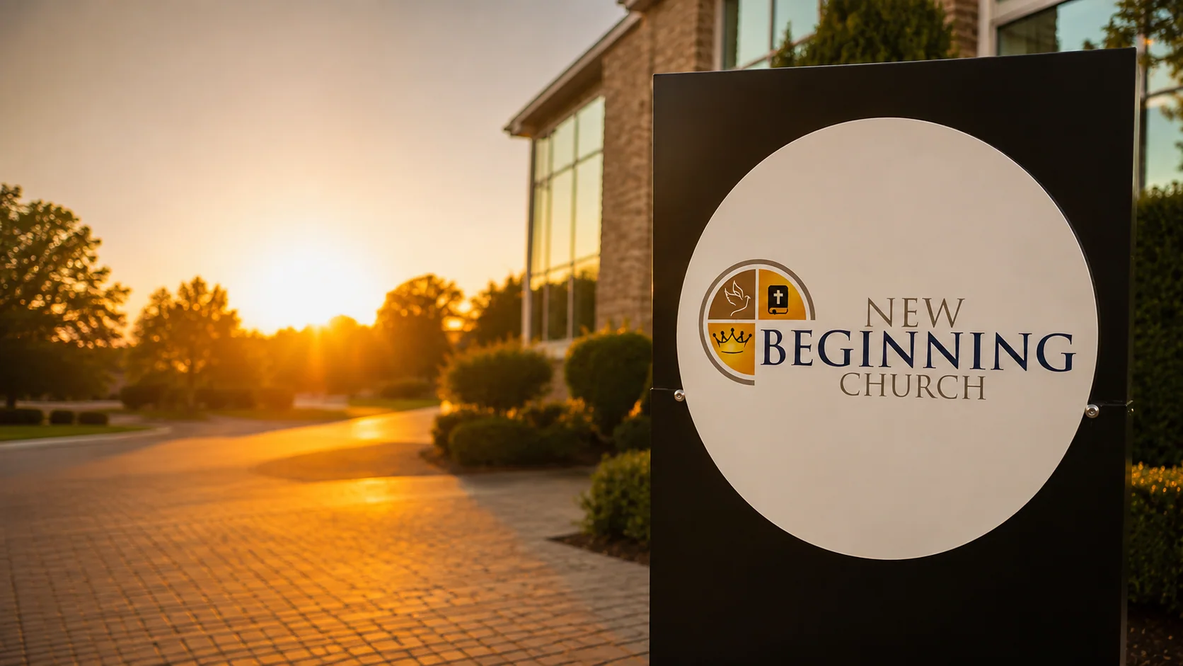 The New Beginning Church sign at the entrance at sunset