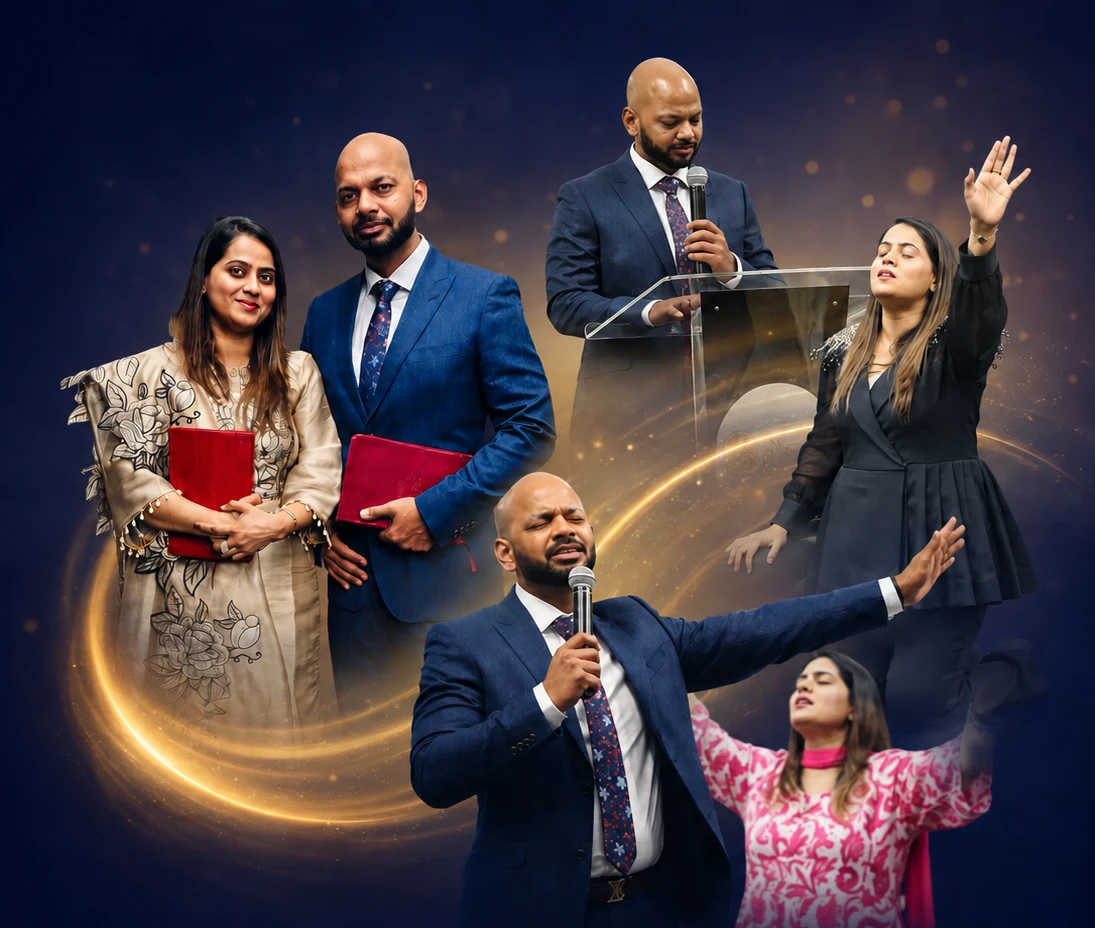 Pastor Vikas and Pastor Jyoti preaching and leading worship