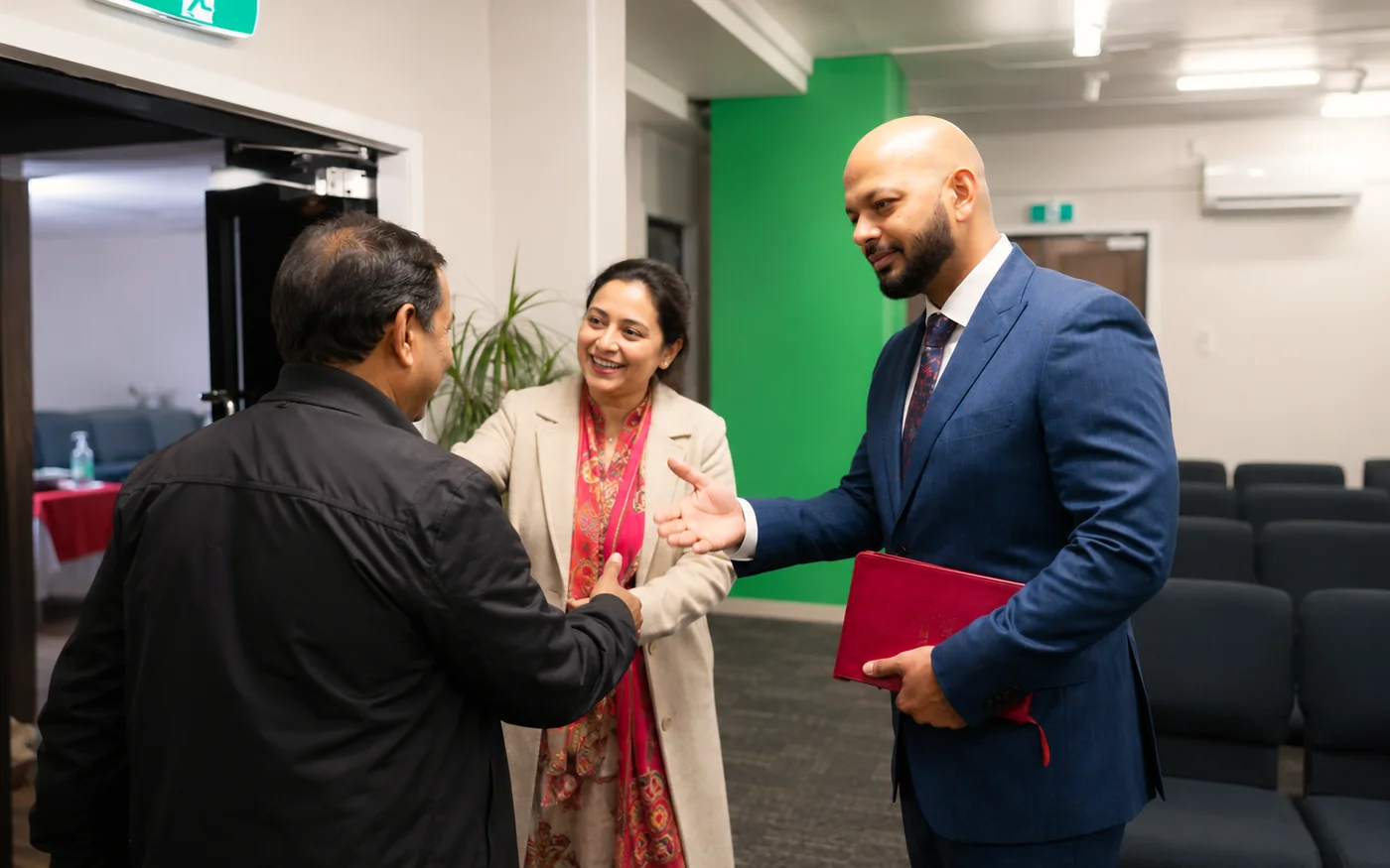 Pastor Vikas welcoming visitors as they arrive at The New Beginning Church