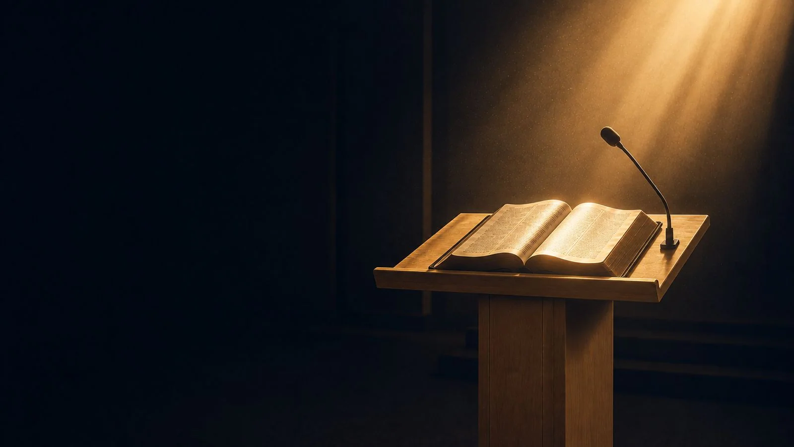 An open Bible on a lectern with a microphone, lit by a shaft of light